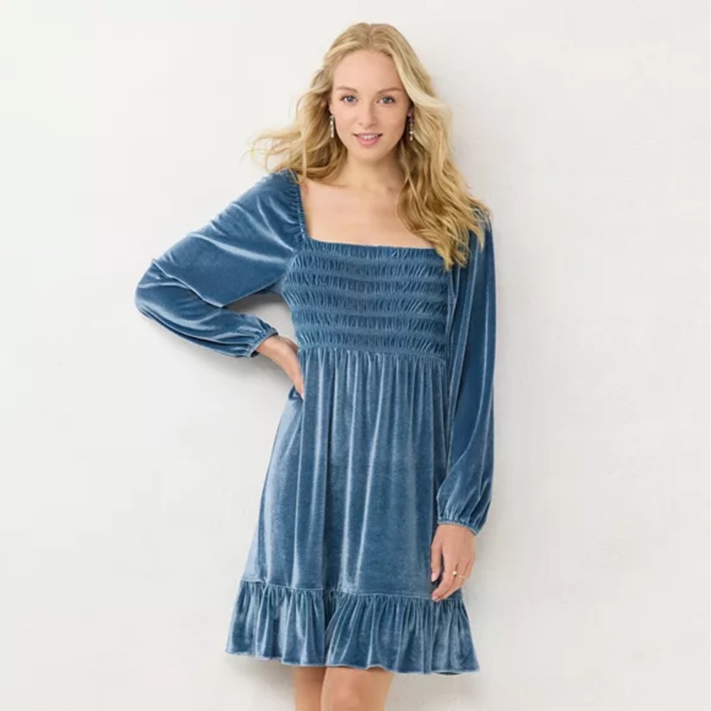 LC Lauren Conrad Smocked Flounce-Hem Blue Velvet Dress Size Large New With Tag